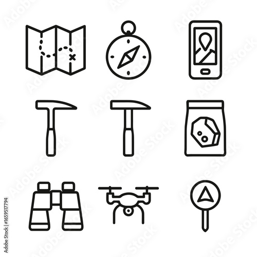 Ore Exploration Tools Icons. Outline icon set of ore exploration tools: map, compass, GPS, rock hammer, geologist hammer, sample