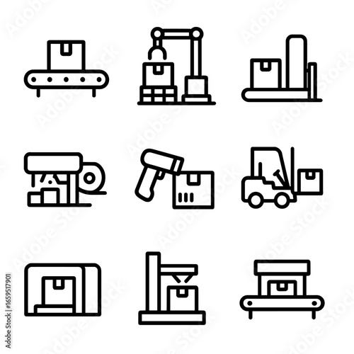 Packaging Equipment Icons. Outline icon set of packaging equipment: conveyor belt, palletizer, wrapping machine, label applicator,