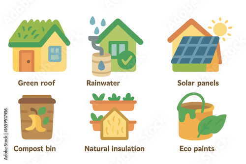 Eco Home Icons. Flat vector mini-illustrations Eco-friendly home design in colors children's illustrations: