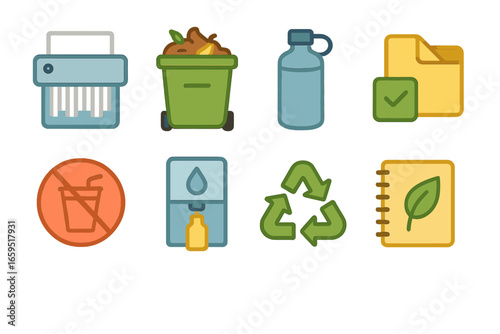 Eco Office Icons. Flat vector mini-illustrations Office waste reduction strategies in colors children's
