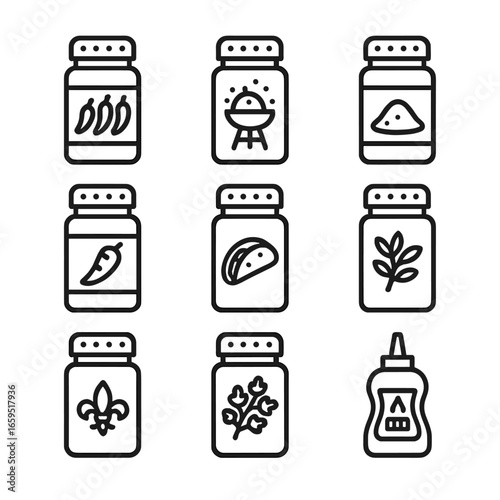 Paprika Spice Icons. Outline icon set of paprika spice blends: chili mix, barbecue rub, curry mix, Cajun spice, taco seasoning,