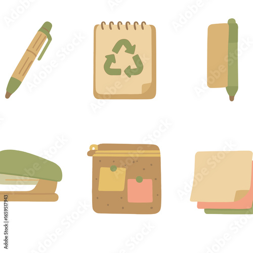 Eco Office Supplies Icons. Flat vector mini-illustrations eco office supplies in colors children's