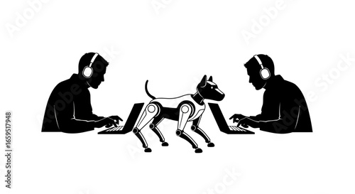 Two people working on laptops, with a robotic dog in the middle, a concept of collaborative work or future technology.