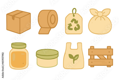 Eco Packaging Icons. Flat vector mini-illustrations Eco-friendly packaging in colors children's illustrations: