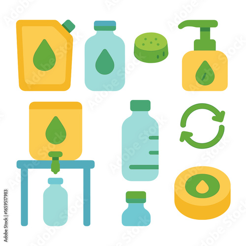 Eco Shampoo Icons. Flat vector mini-illustrations refillable shampoo systems in colors children's