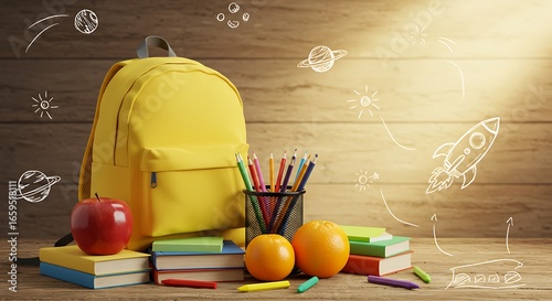 A colorful school scene featuring backpack, books, pencils, apple, and clock in a creative doodle background