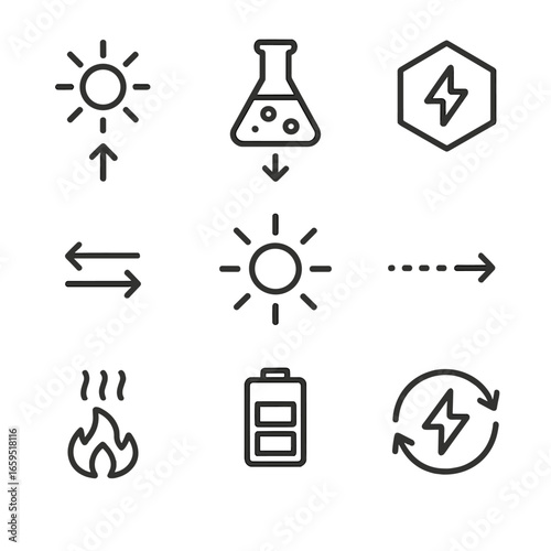 Photosynthesis Energy Icons. Outline icon set of photosynthesis energy flow: sunlight energy, chemical energy, ATP energy, energy
