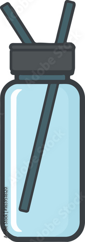 A transparent blue water bottle with a dark gray lid and two dark gray straws inserted.