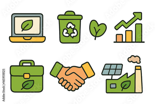 Eco-Friendly Business Icons. Flat vector mini-illustrations eco-friendly business in colors children's