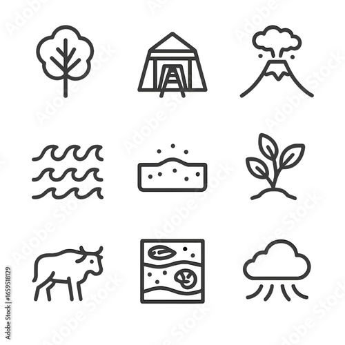 Carbon Cycle Icons. Outline icon set of carbon in nature: tree, coal mine, volcanic ash, ocean waves, soil, plants, animals,