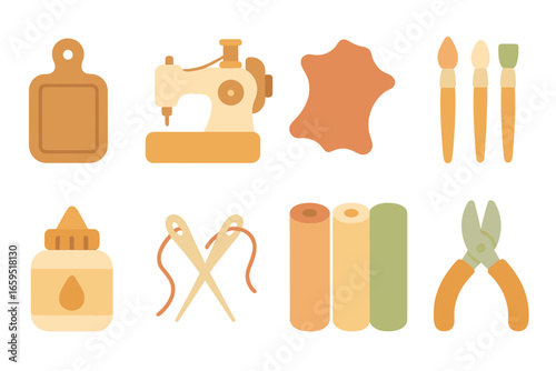 Eco-Crafting Tools Grid. Flat vector mini-illustrations eco-crafting scenes in colors children's illustrations
