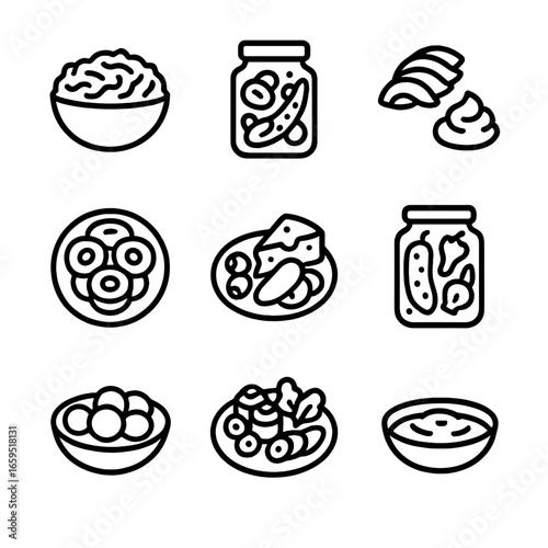 Pickled Dish Icons. Outline icon set of pickled dishes: pickled salad, pickled relish, sushi garnish, sandwich topping, antipasto