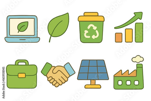 Eco-Friendly Business Icons. Flat vector mini-illustrations eco-friendly business in colors children's