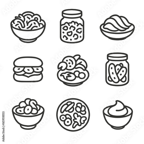 Pickled Dish Icons. Outline icon set of pickled dishes: pickled salad, pickled relish, sushi garnish, sandwich topping, antipasto