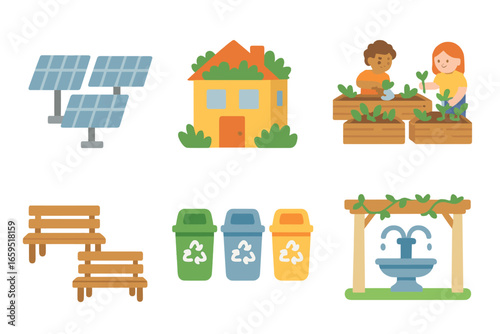 Eco-Friendly Community Icons. Flat vector mini-illustrations eco-friendly community design in colors