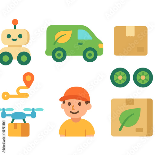 Eco-Friendly Delivery Icons. Flat vector mini-illustrations last-mile delivery using EVs in colors children's