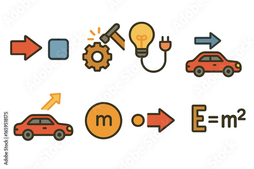 Physics Concepts Icons. Flat vector mini-illustrations energy in physics in colors children's illustrations: force, work, power,