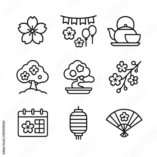 Cherry Blossom Icons. Outline icon set of cherry tree cultural symbols: Japanese cherry blossom, spring festival, tea ceremony,