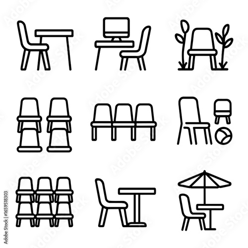 Plastic Chair Icons. Outline icon set of plastic chair uses: dining, office, garden, conference, waiting room, kids room, event