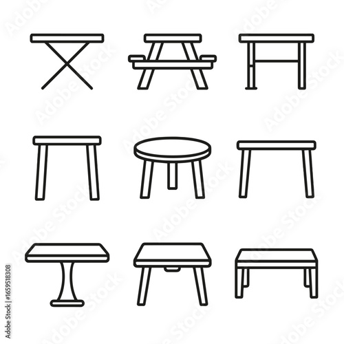 Plastic Table Icons. Outline icon set of plastic tables: folding plastic table, picnic table, adjustable height table, outdoor