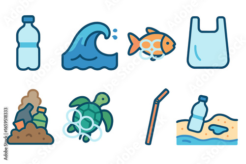 Plastic Pollution Icons. Flat vector mini-illustrations plastic pollution in colors children's illustrations: plastic bottle,