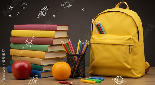 A colorful school scene featuring backpack, books, pencils, apple, and clock in a creative doodle background