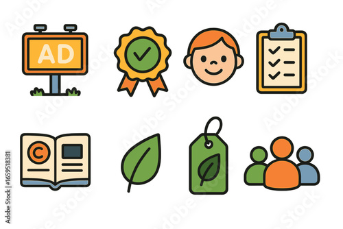 Eco-Friendly Ad Icons. Flat vector mini-illustrations Responsible advertising in colors children's