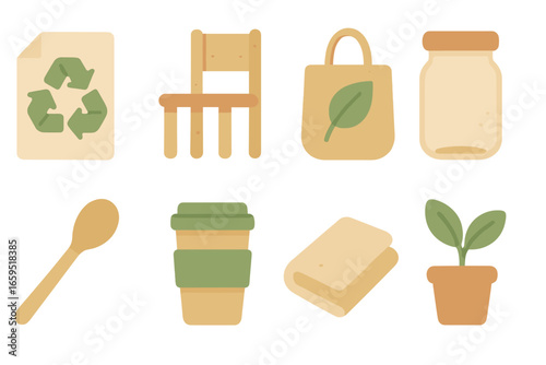 Eco-Friendly Kids Icons. Flat vector mini-illustrations Inspirational design with ecology materials trend in