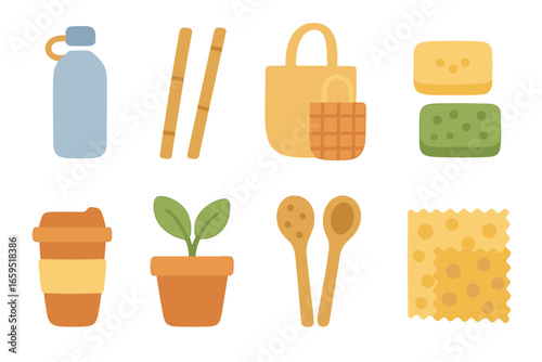Eco-Friendly Kids Icons. Flat vector mini-illustrations eco-market items in colors children's illustrations: