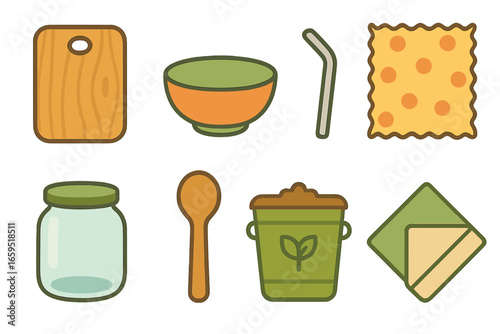 Eco-Friendly Kitchenware Icons. Flat vector mini-illustrations Eco-friendly kitchenware in colors children's