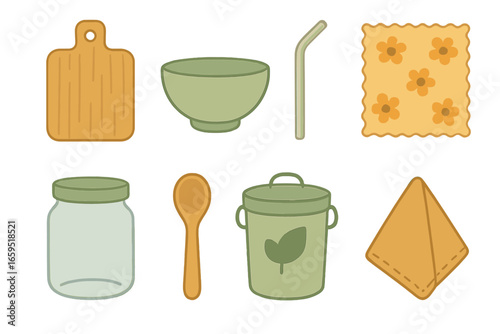 Eco-Friendly Kitchenware Icons. Flat vector mini-illustrations Eco-friendly kitchenware in colors children's