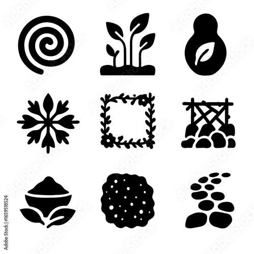 Eco-Friendly Land Art Icons. Solid, filled icons set of eco-friendly land art: earth spiral, nature
