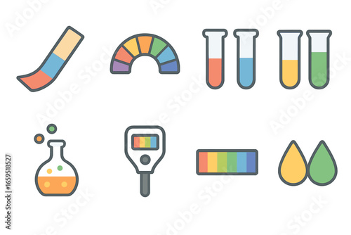 Children's pH Chemistry Icons. Flat vector mini-illustrations pH indicator color change in colors children's illustrations: litmus