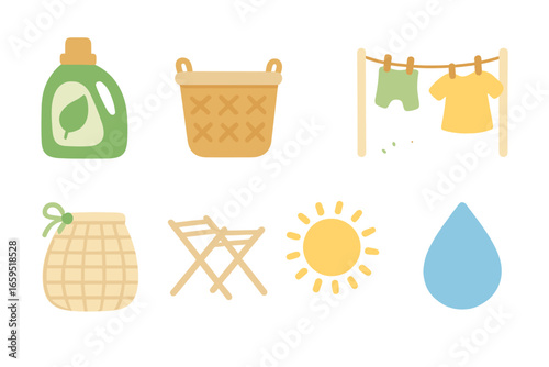 Eco-Friendly Laundry Icons. Flat vector mini-illustrations eco-friendly laundry in colors children's