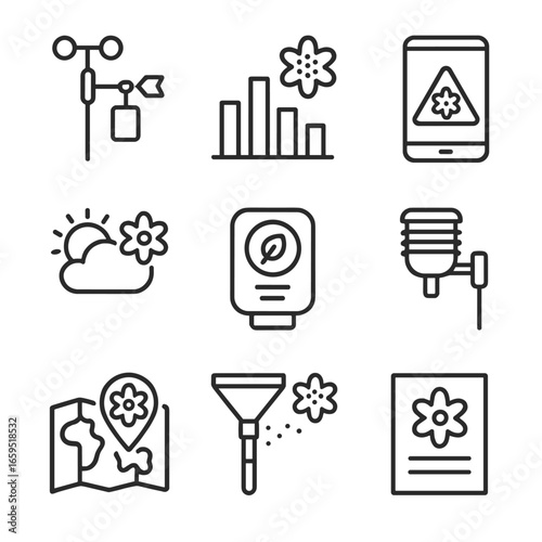 Pollen Monitoring Icons. Outline icon set of pollen monitoring: weather station, pollen count chart, smartphone app pollen alert,
