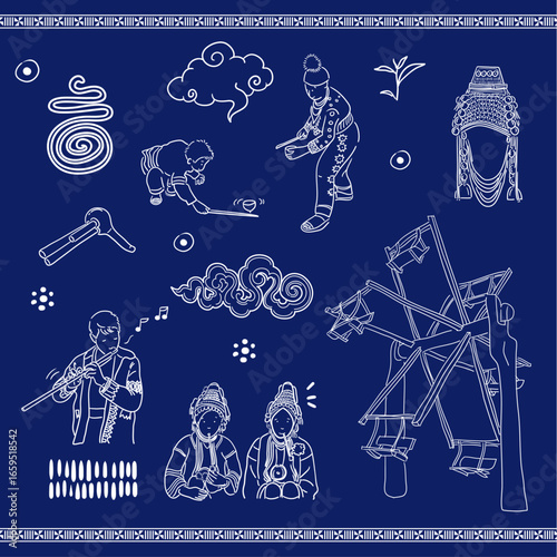 Hill Tribe Lifestyle Illustration – Traditional Games and Cultural Activities