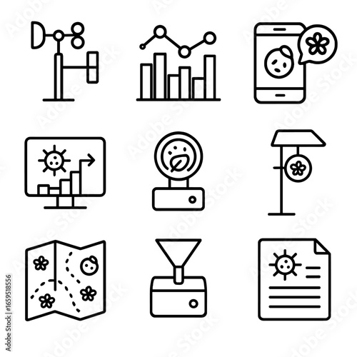 Pollen Monitoring Icons. Outline icon set of pollen monitoring: weather station, pollen count chart, smartphone app pollen alert,