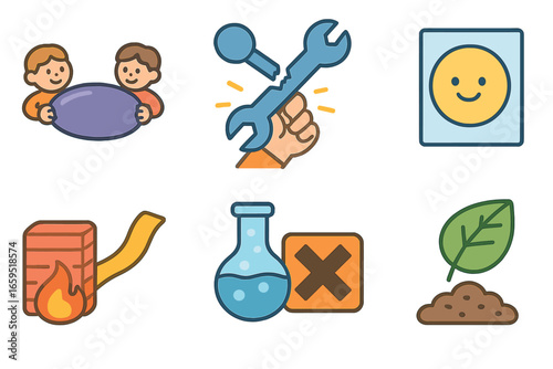 Polymer Properties Icons. Flat vector mini-illustrations polymer properties in colors children's illustrations: elasticity,