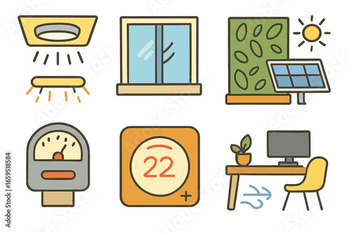 Eco-Friendly Office Icons. Flat vector mini-illustrations Energy-efficient office designs in colors children's