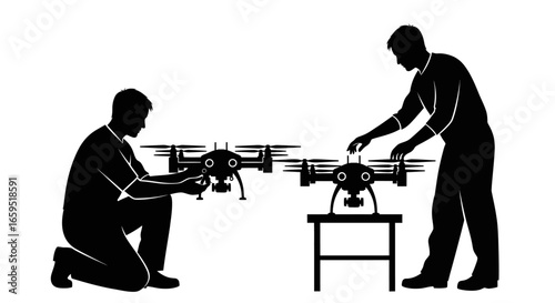 Two individuals working on drones, one kneeling, the other standing, preparing them.
