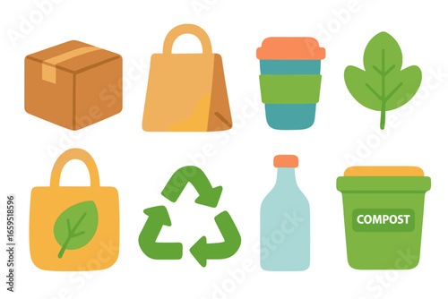 Eco-Friendly Packaging Icons. Flat vector mini-illustrations eco-friendly packaging design in colors