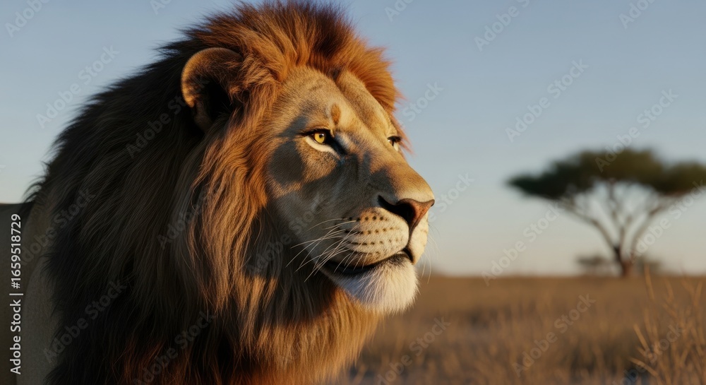 Fototapeta premium Majestic Lion Roaming the African Savannah Under a Golden Sky