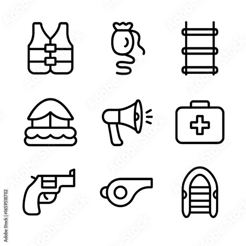 Raft Rescue Icons. Outline icon set of raft rescue items: life jacket, throw rope, rescue ladder, emergency raft, signaling device