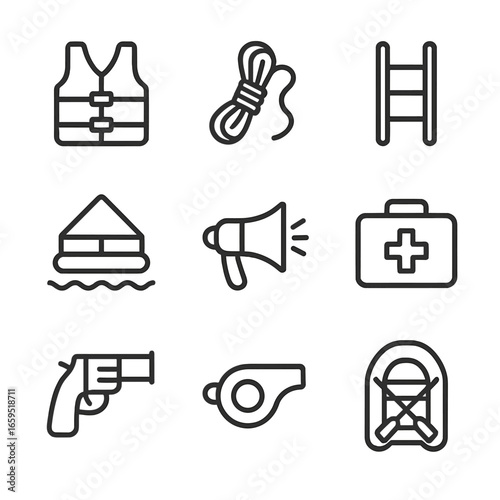 Raft Rescue Icons. Outline icon set of raft rescue items: life jacket, throw rope, rescue ladder, emergency raft, signaling device