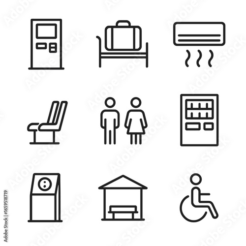 Rail Amenities Icons. Outline icon set of rail passenger amenities: ticket machine, luggage rack, air conditioner, seating,