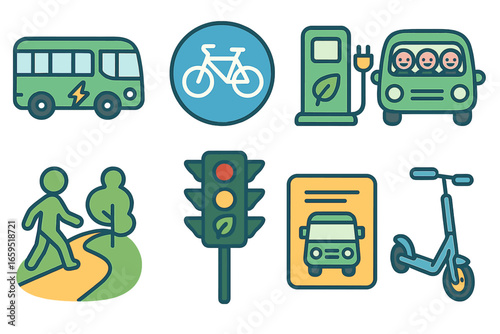Eco-friendly Transportation Icons. Flat vector mini-illustrations Green transportation policies in colors