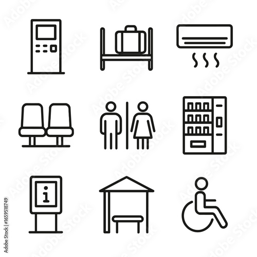 Rail Amenities Icons. Outline icon set of rail passenger amenities: ticket machine, luggage rack, air conditioner, seating,