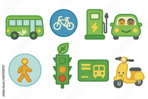 Eco-friendly Transportation Icons. Flat vector mini-illustrations Green transportation policies in colors