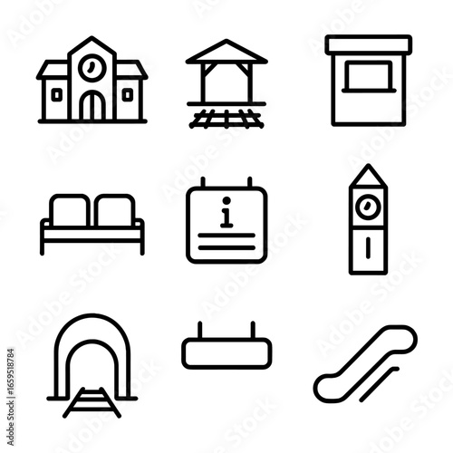 Railway Station Icons. Outline icon set of railway stations: main station building, platform, ticket booth, waiting bench,