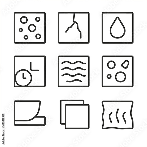 Resin Quality Icon Set. Outline icon set of resin defects and quality control: bubbles, cracks, yellowing, incomplete curing,